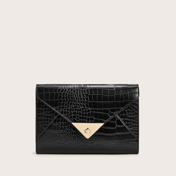 

Croc Embossed Twist Lock Chain Clutch Bag, Black