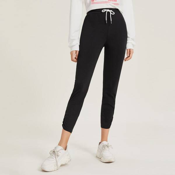 

Drawstring Waist Ruched Detail Leggings, Black