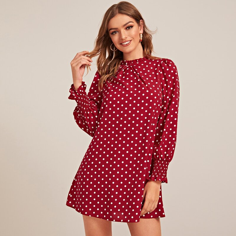 

Keyhole Back Shirred Cuff Dot Print Dress, Burgundy