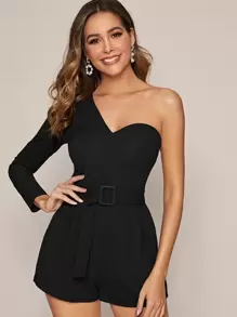 SHEIN BAE Zipper Side One Shoulder Belted Romper - Black - View 1