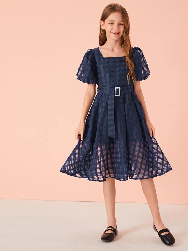 

Girls Puff Sleeve Buckle Belted Geo Organza Overlay Dress, Navy