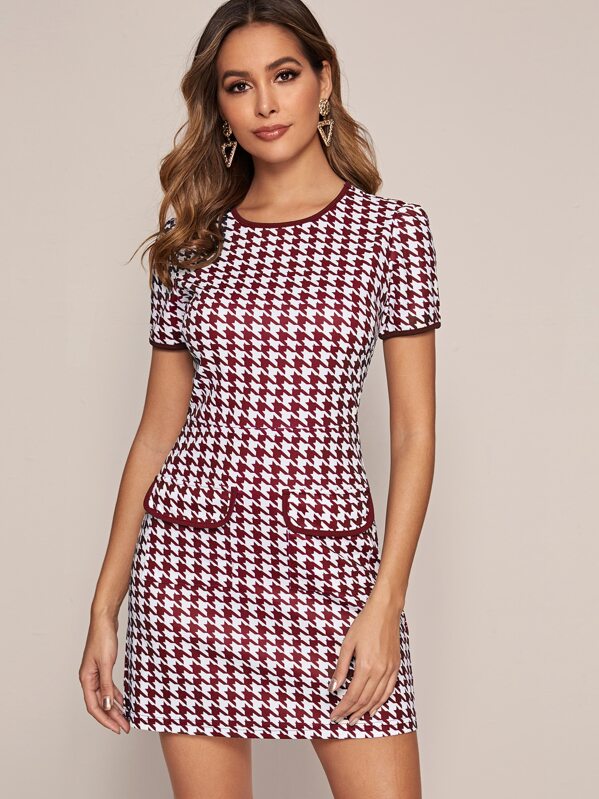 

Binding Trim Flap Pocket Front Houndstooth Dress, Burgundy