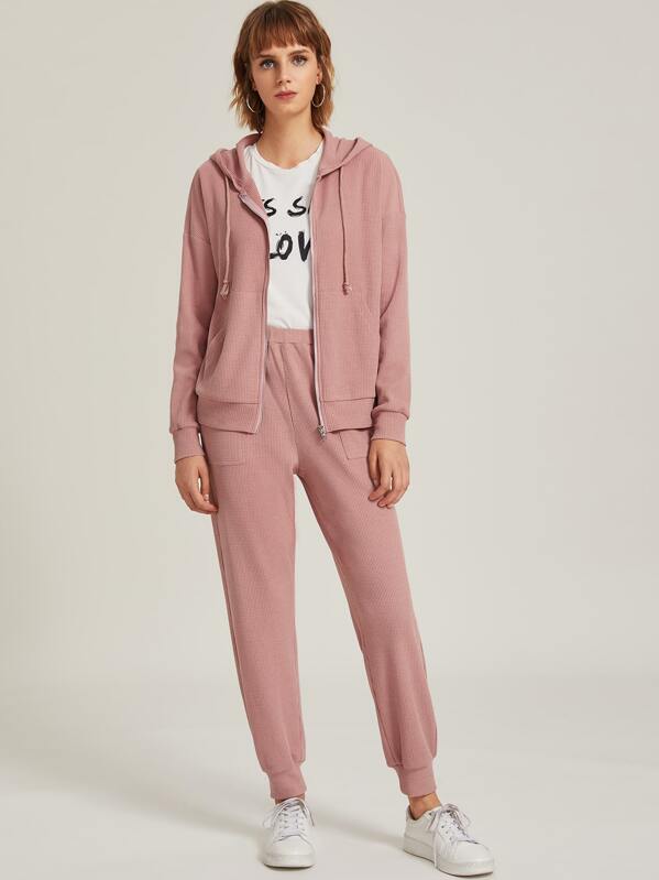 

Pocket Front Waffle Knit Zip Up Hoodie and Joggers Set, Pink