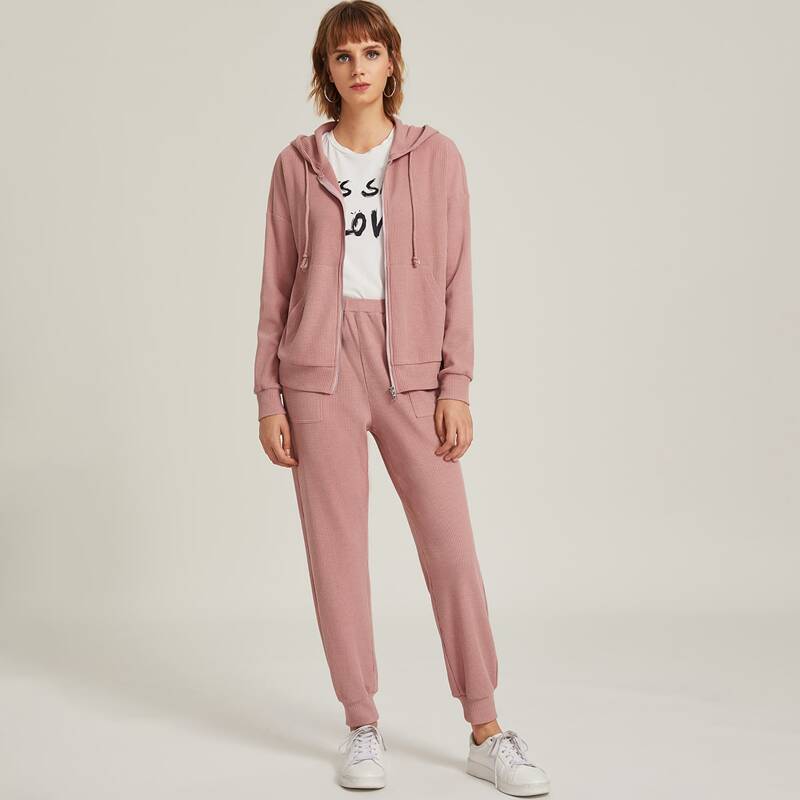 

Pocket Front Waffle Knit Zip Up Hoodie and Joggers Set, Pink pastel