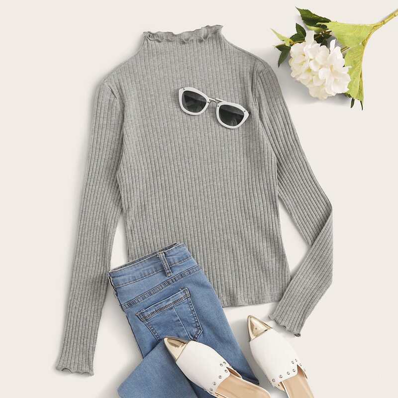 

Lettuce Trim Rib-knit Tee, Grey