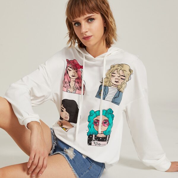

Drawstring Detail Figure Graphic Hoodie, White