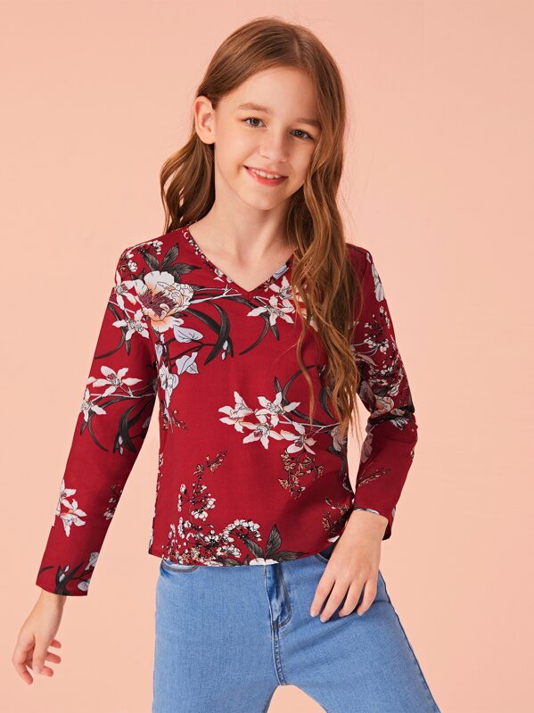 Girls V-Neck Floral Print Top, Burgundy