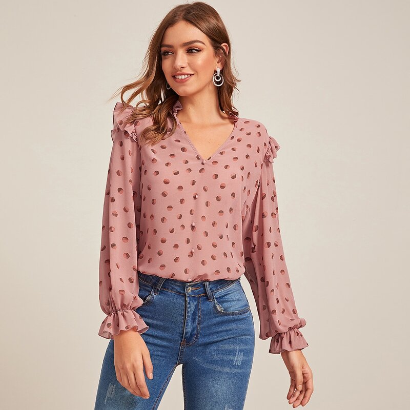 

Frill Trim Button Front Polka Dot Top, Pastel dusty pink