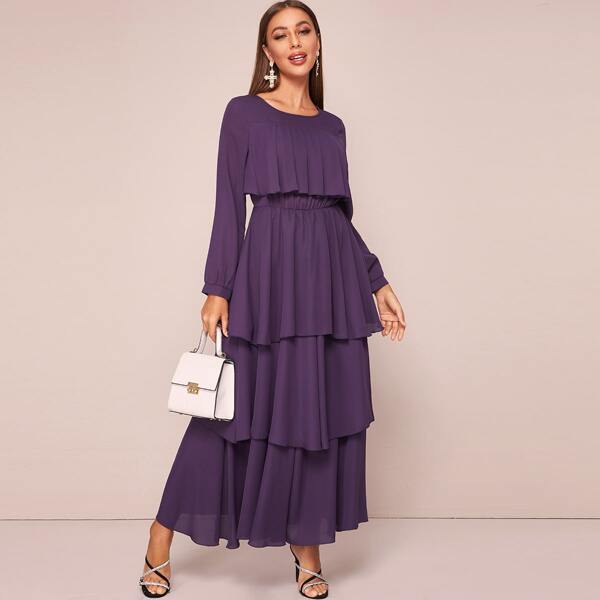 

Pleated Front Layered Ruffle Hem Dress, Purple