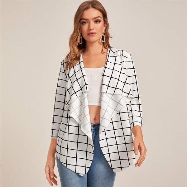 

Draped Collar Self Belted Open Front Grid Coat, Black and white