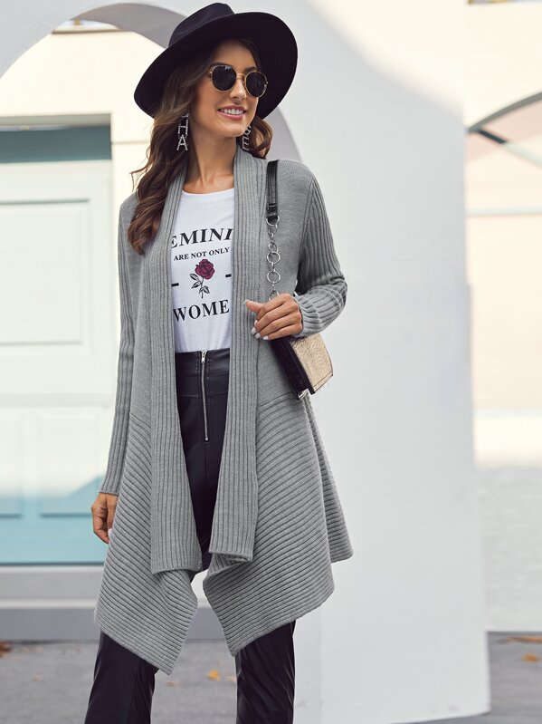 

Shawl Collar Asymmetrical Hem Cardigan, Grey, Debi