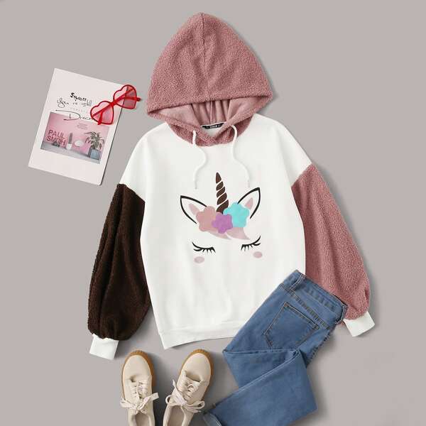 

Unicorn Print Drop Shoulder Mixed Media Hoodie, Multicolor