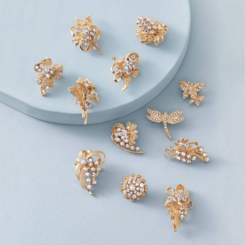 

12pcs Rhinestone Engraved Butterfly & Dragonfly Design Brooch, Gold
