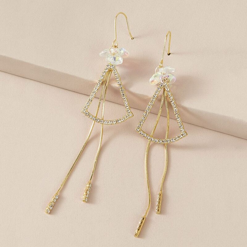 

1pair Rhinestone Engraved Geometric Decor Long Strip Drop Earrings, Gold
