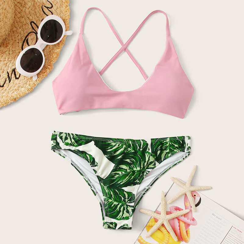 

Criss Cross Back Top With Leaf Print Bikini Set, Multicolor