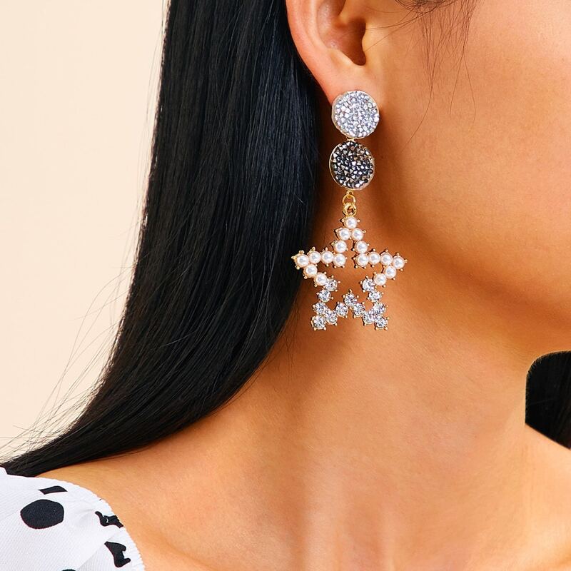 

1pair Faux Pearl & Rhinestone Engraved Star Drop Earrings, Multicolor
