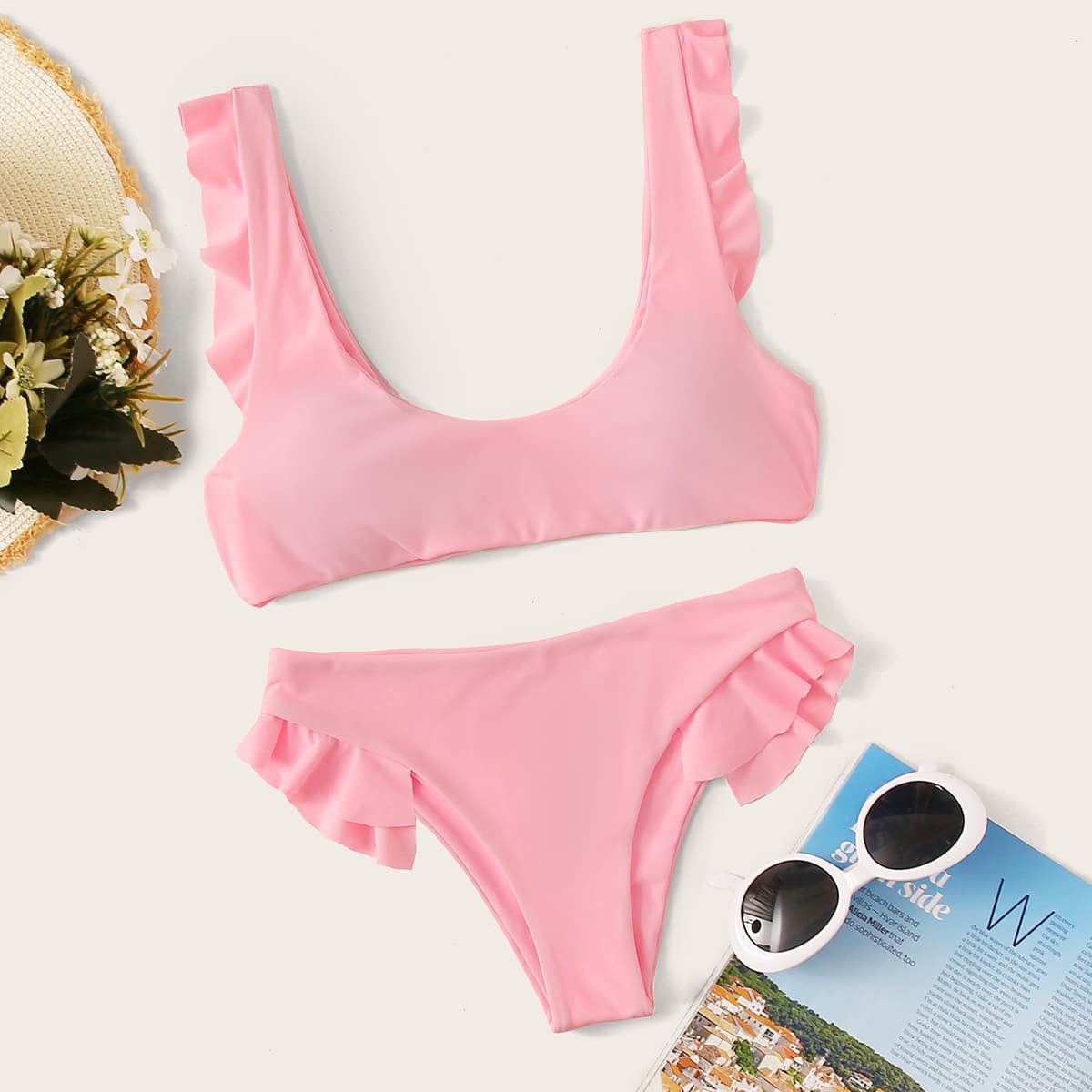 

Solid Ruffle Trim Bikini Set, Pink