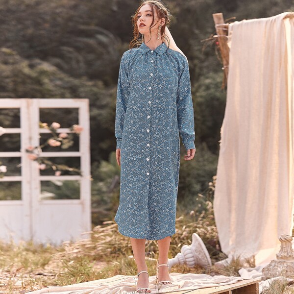 

Paisley Print Button Up Shirt Dress, Blue