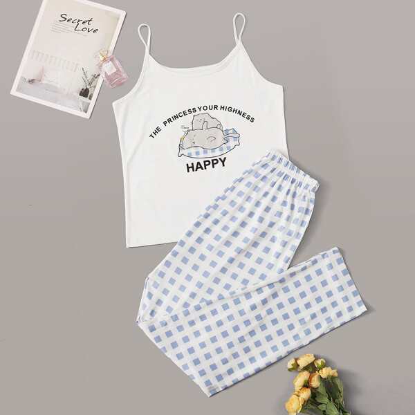 

Cartoon Cat & Gingham Cami PJ Set, White