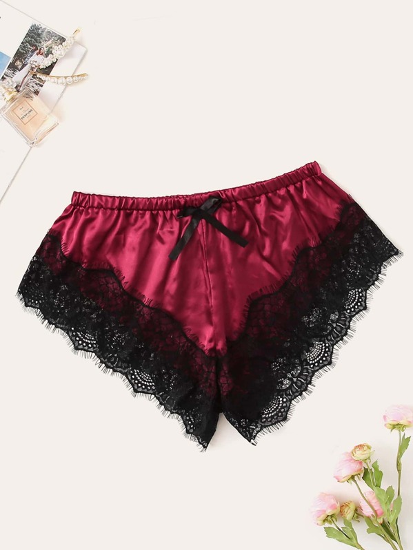 Plus Lace Trim Satin Panty, Burgundy