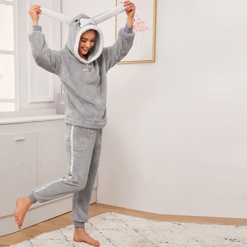 

Cartoon Shaped Hooded Plush PJ Set, Grey
