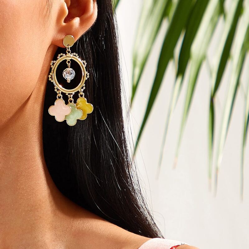 

1pair Round Decor Clover Tassel Drop Earrings, Multicolor