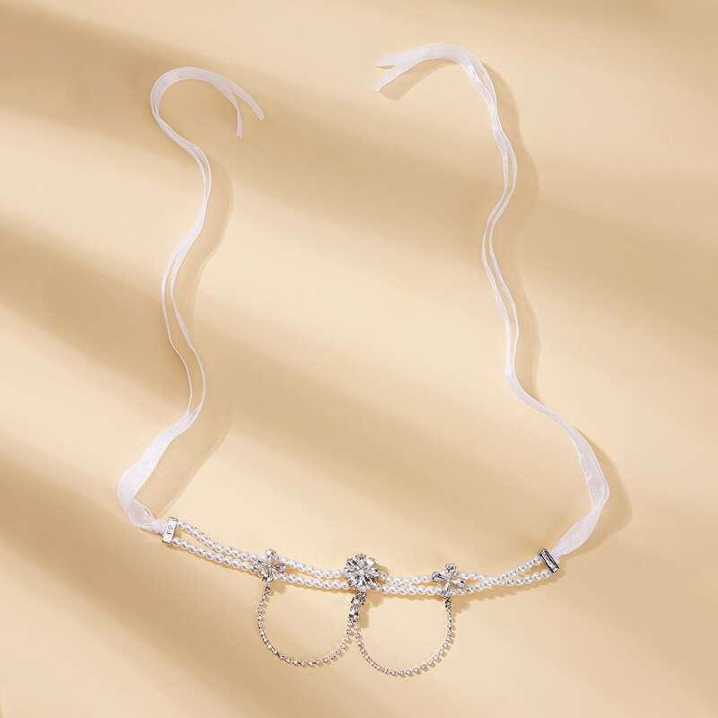 

1pc Rhinestone Engraved & Faux Pearl Decor Necklace, White