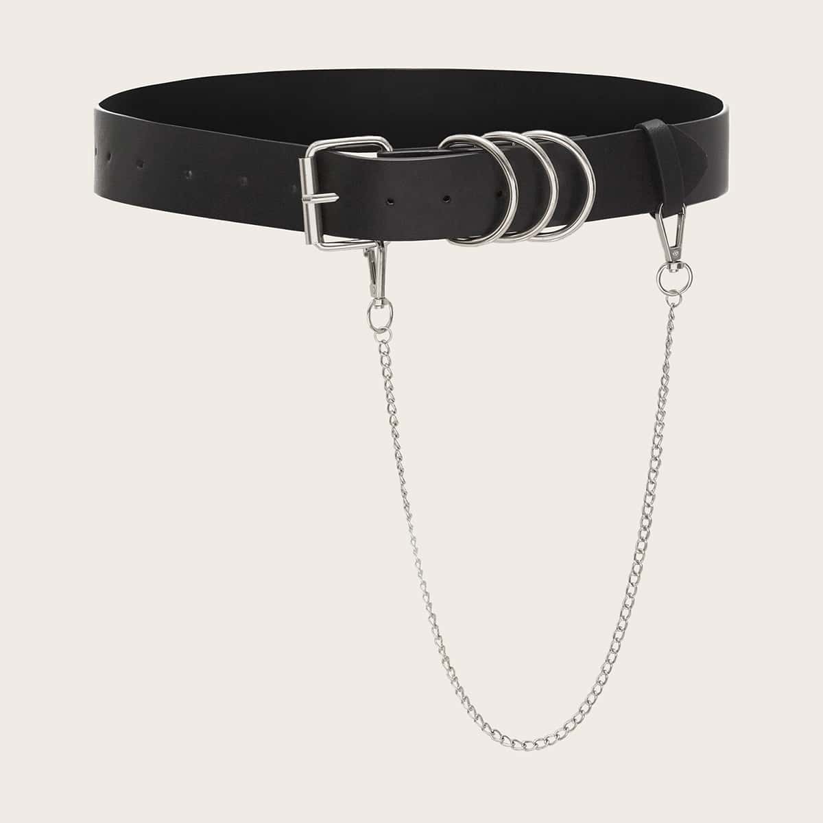 

Chain Decor PU Buckle Belt, Black
