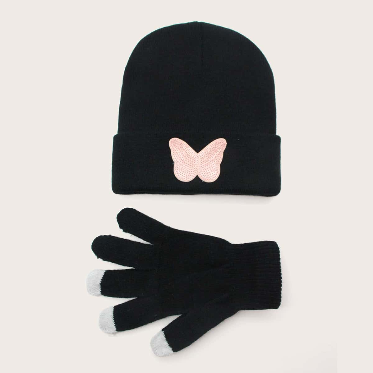 

1pc Sequin Decor Beanie & 1pair Gloves, Black