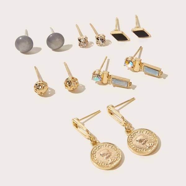 

6pairs Coin & Rhinestone Decor Earrings, Multicolor