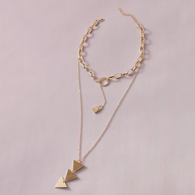 

1pc Triangle & Lock Charm Layered Necklace, Gold