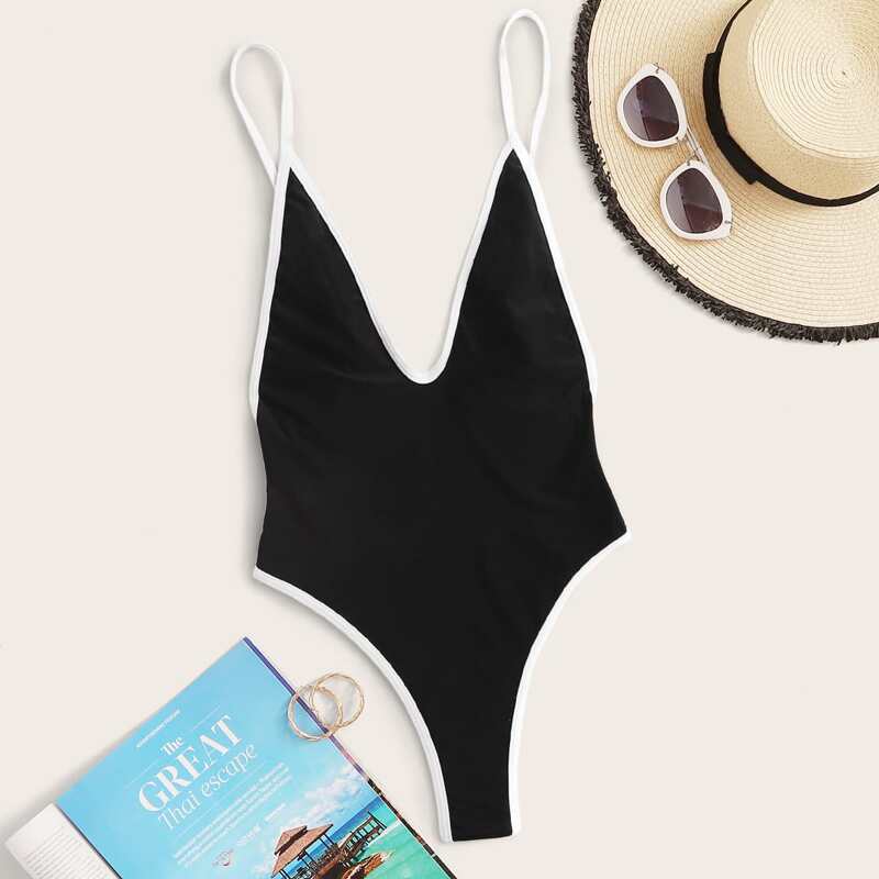 

Contrast Binding Open Back One Piece Swimwear, Black