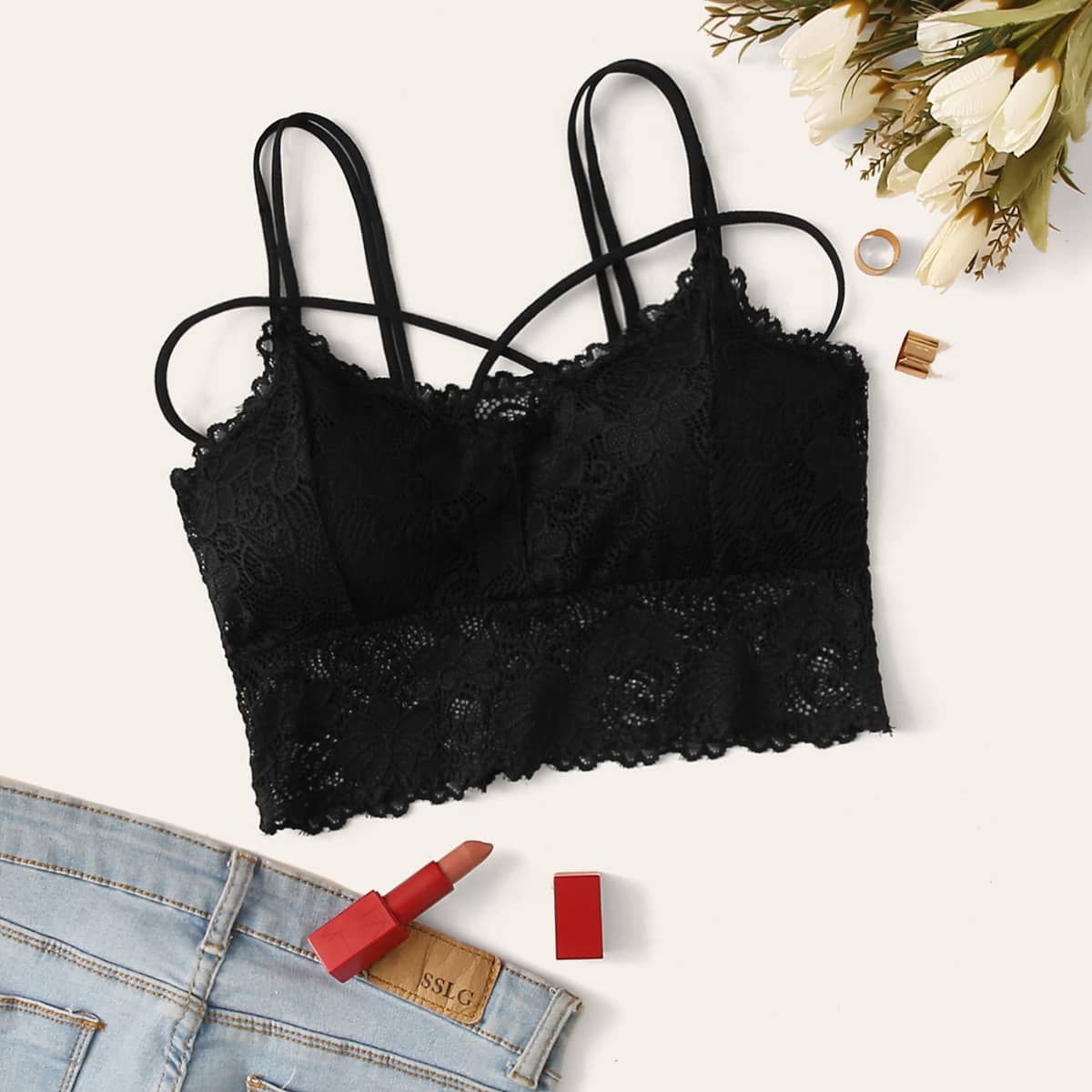 

Floral Lace Double Strap Bralette, Black