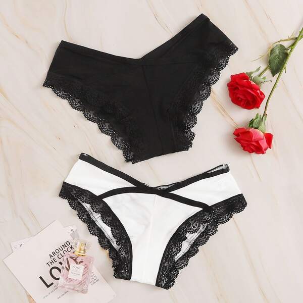 

2pack Lace Trim Panty Set, Black and white