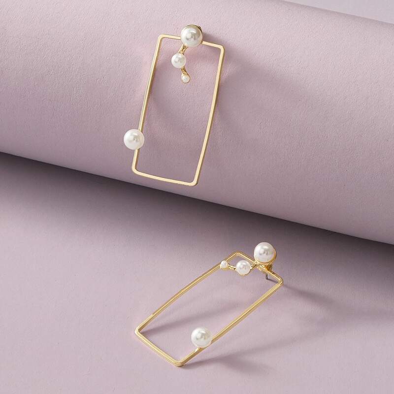 

1pair Faux Pearl Decor Open Rectangle Earrings, Gold
