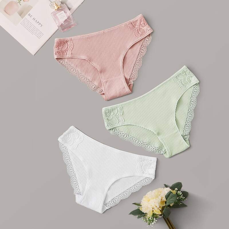 

3pack Rib Lace Trim Panty Set, Multicolor