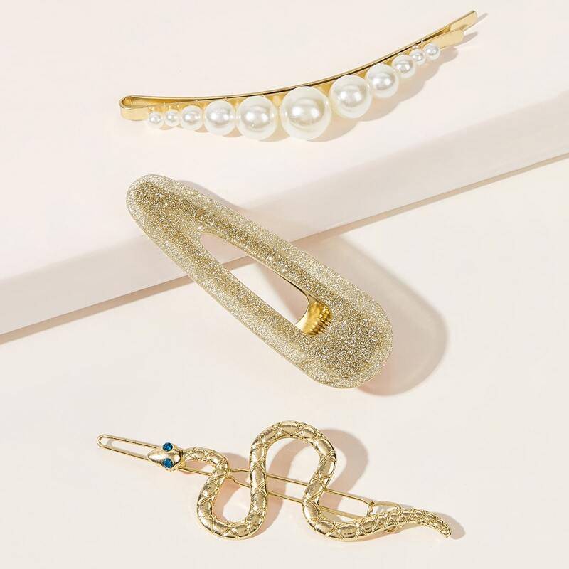 

3pcs Glitter Faux Pearl Decor Hair Clip, Gold