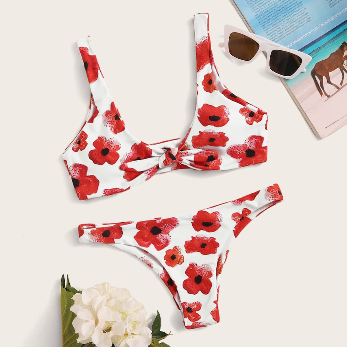 

Floral Print Knot Front Bikini Set, Multicolor
