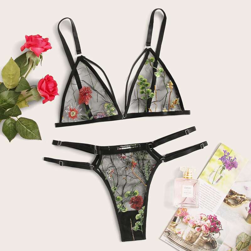 

Floral Embroidery Mesh Lingerie Set, Black