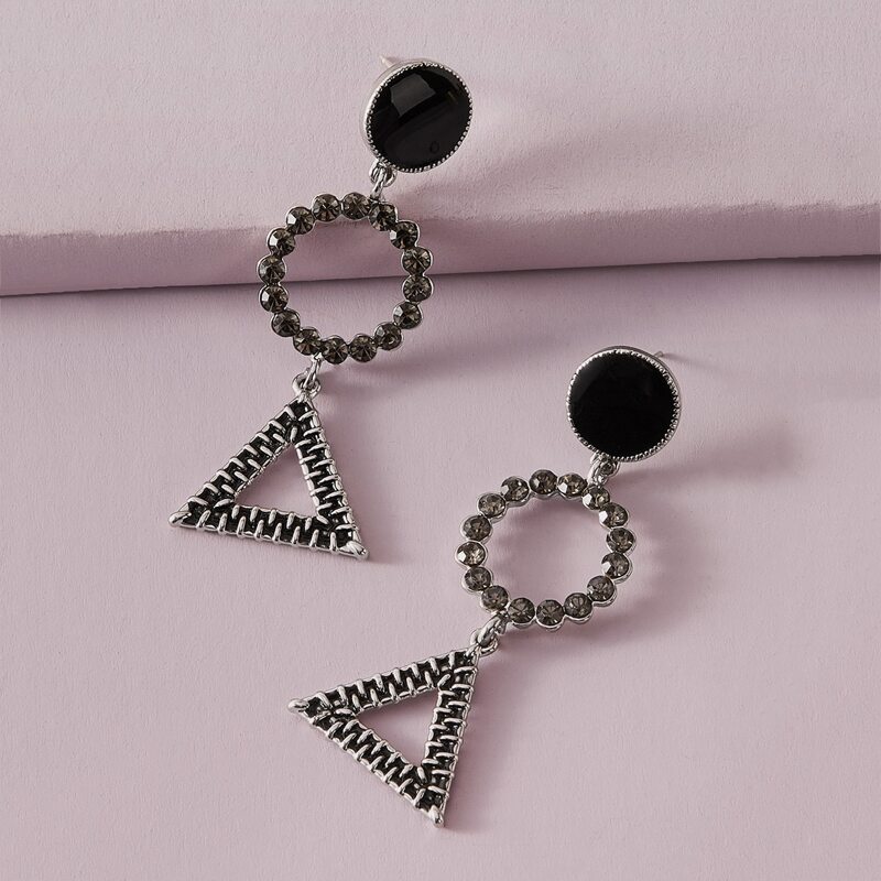 

1pair Round & Triangle Drop Earrings, Black