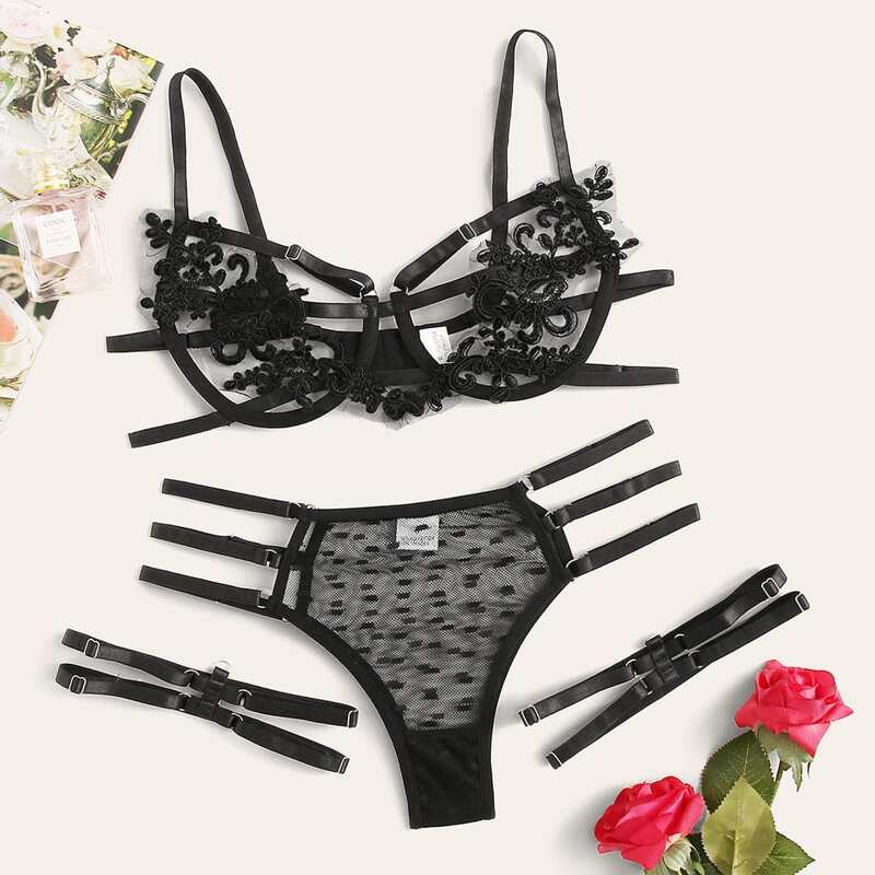 

Flower Appliques Sheer Mesh Underwire Lingerie Set & Leg Ring, Black