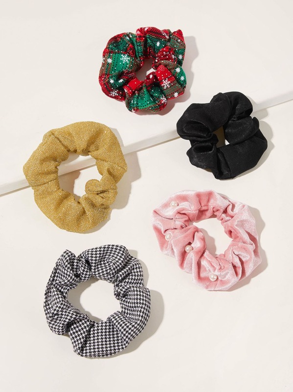 

5pcs Houndstooth & Snow Pattern Hair Ties, Multicolor