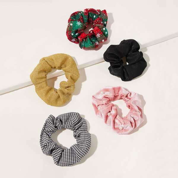 

5pcs Houndstooth & Snow Pattern Hair Ties, Multicolor