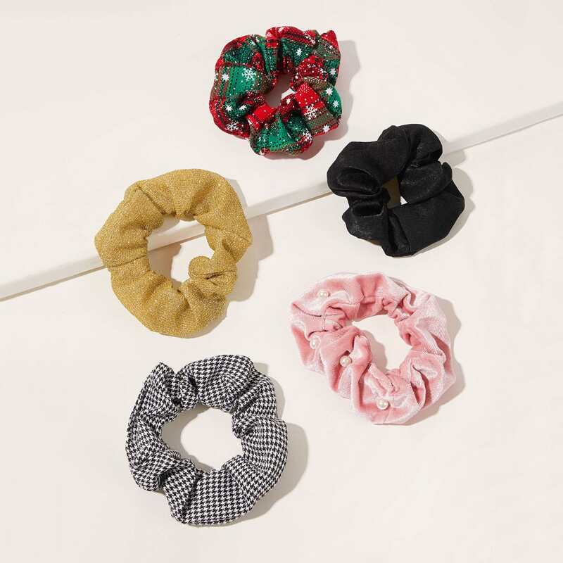 

5pcs Houndstooth & Snow Pattern Hair Ties, Multicolor