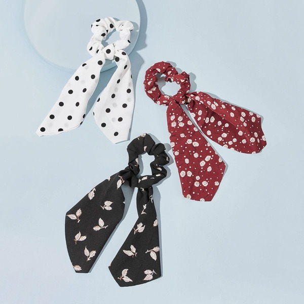 

3pcs Polka Dot & Leaf Pattern Scrunchie Scarf, Multicolor