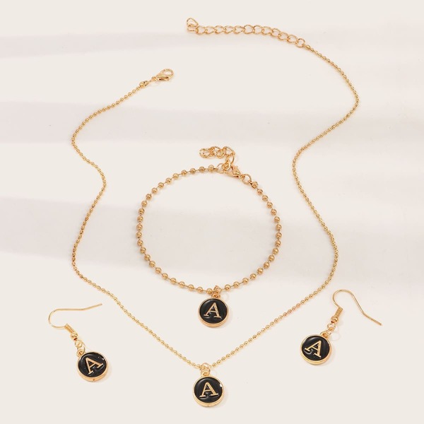 

4pcs Toddler Girls Letter Engraved Earrings & Bracelet & Necklace, Multicolor