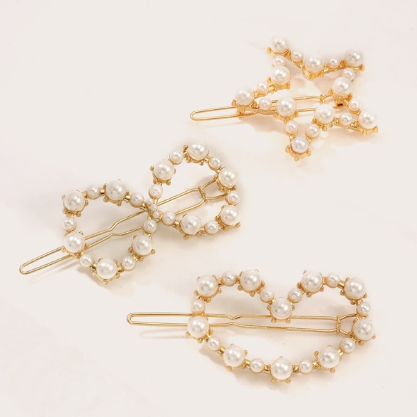

3pcs Toddler Girls Faux Pearl Decor Hair Clips, Gold