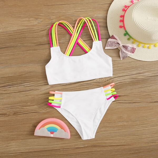 

Girls Multi-color Strap Bikini Set, White