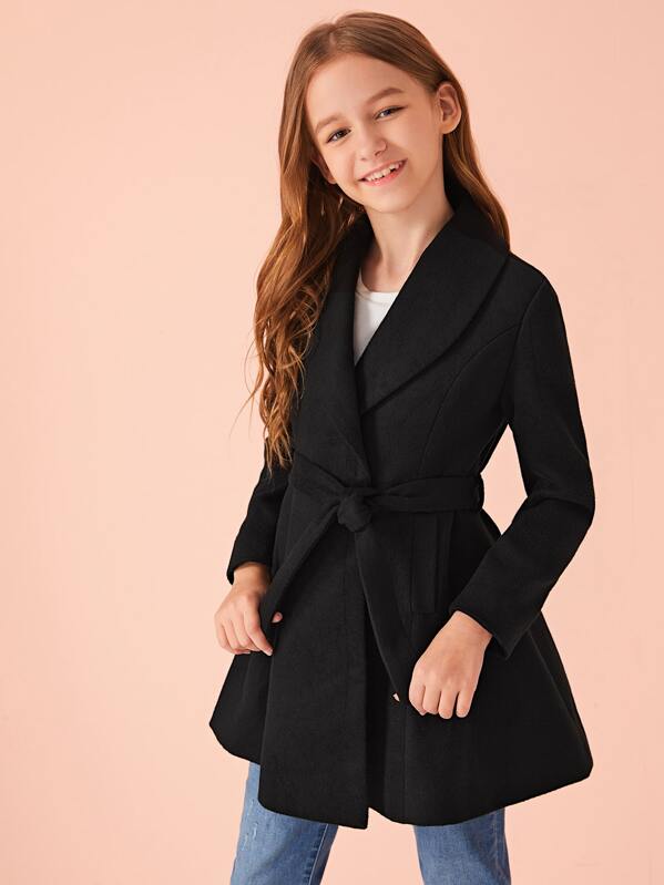 

Girls Shawl Collar Belted Flare Coat, Black, Sashab