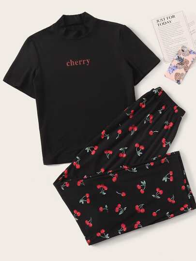Letter Graphic Tee With Allover Cherry Print Pants
